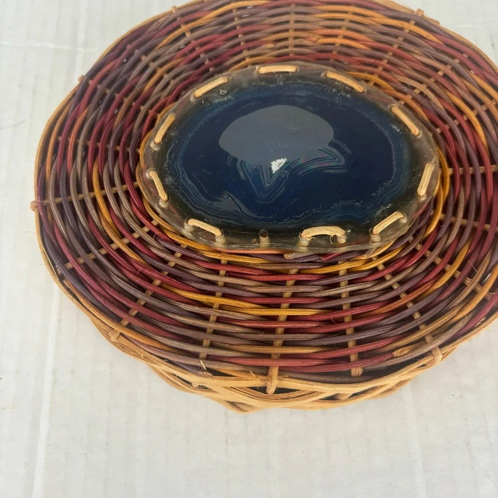 Basketry Elegance-handcrafted multi-colored small tray with agate center-NWT